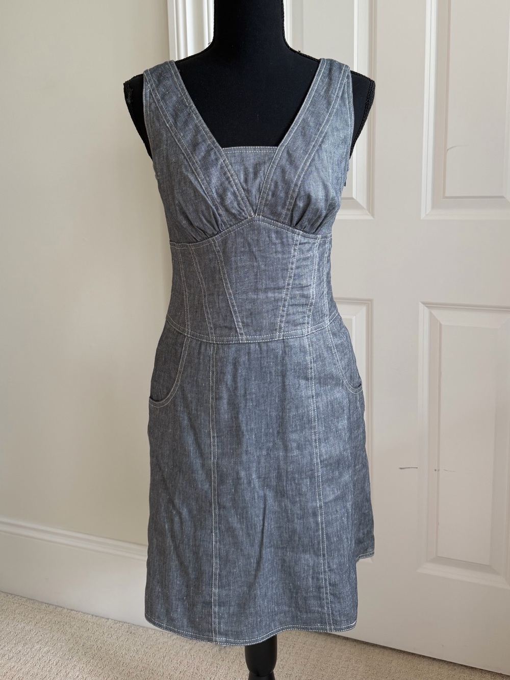 Etcetera Sleeveless Denim-Style Stich Mini Dress, Blue Gray, size 0